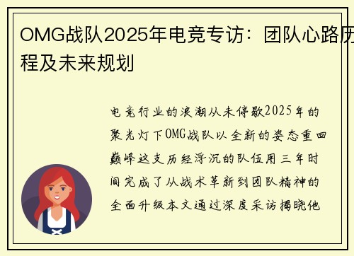 OMG战队2025年电竞专访：团队心路历程及未来规划